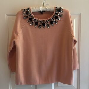 Ann Taylor Salmon Embellished Sweater Size Medium Black/Grey/Clear Stones